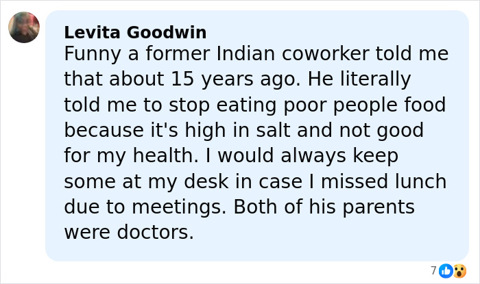 Alt text: Screenshot of a comment discussing high salt content in soup ingredients and health warnings from a former coworker.
