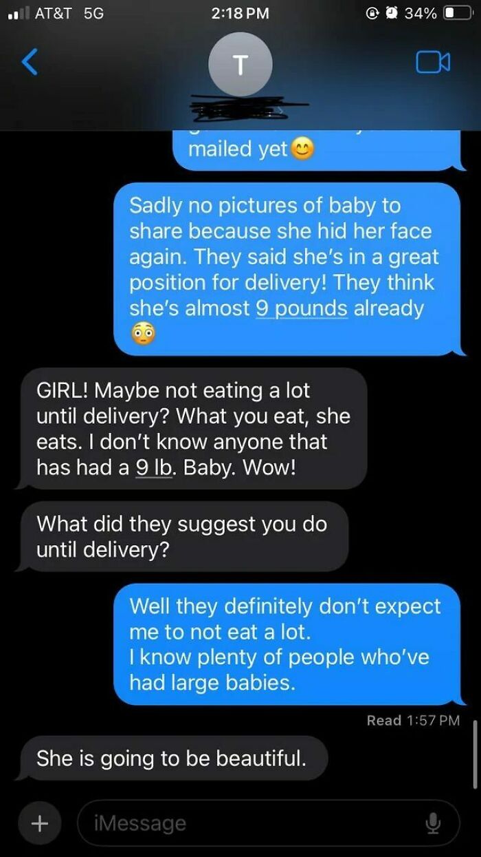Text message conversation about pregnancy and baby weight, showing a messy moment people turned to the internet instead of therapy.