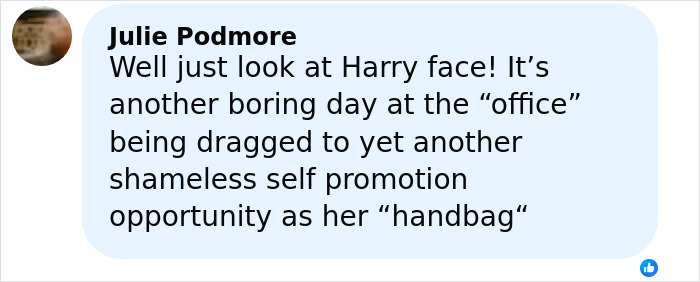 Comment on Meghan Markle and Prince Harry's staged celebration, highlighting Harry's bored facial expression.
