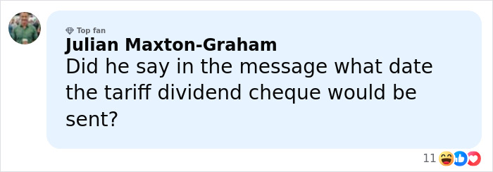 Comment from Julian Maxton-Graham asking about the date the tariff dividend cheque would be sent.