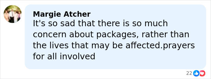 Comment from Margie Atcher expressing sadness over concern for packages instead of lives affected in UPS plane crash causing multiple casualties.