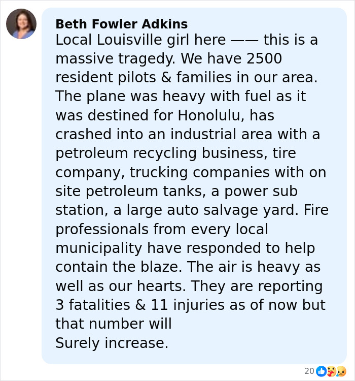 Comment detailing the harrowing UPS plane crash in an industrial area, mentioning multiple casualties and emergency response.