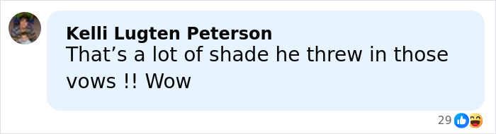 Comment expressing surprise about shade thrown in wedding vows, related to Jon Gosselin remarrying after 16 years. Comment expressing surprise about shade thrown in wedding vows, related to Jon Gosselin remarrying after 16 years.