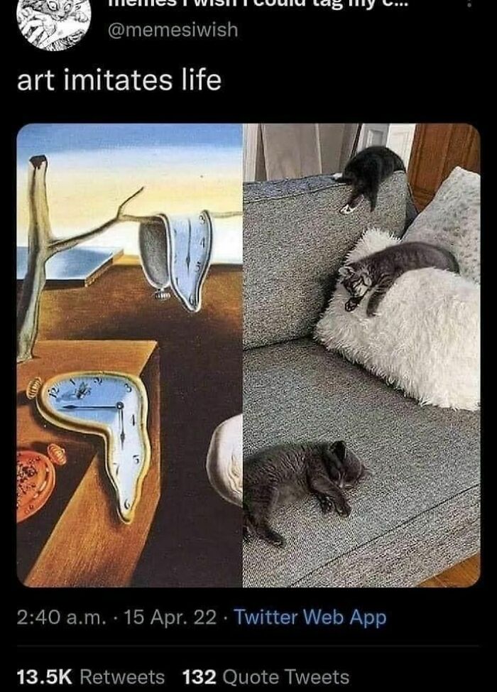 Melted clock painting paired with sleeping cats on couch, visually linking art imitates life in cat memes.
