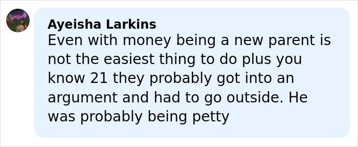 Comment from Ayeisha Larkins discussing challenges of new parenthood and a likely petty argument outside. Comment from Ayeisha Larkins discussing challenges of new parenthood and a likely petty argument outside.