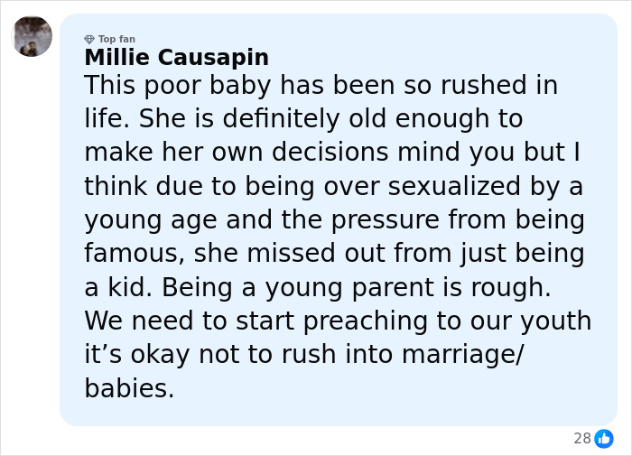 Comment by Millie Causapin expressing concern about Millie Bobby Brown being rushed in life and dealing with early fame pressures. Comment by Millie Causapin expressing concern about Millie Bobby Brown being rushed in life and dealing with early fame pressures.