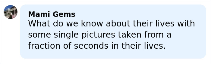 Comment by Mami Gems questioning what can be known from single pictures taken quickly in their lives. Comment by Mami Gems questioning what can be known from single pictures taken quickly in their lives.