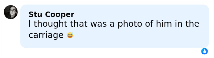 Comment by Stu Cooper mentioning a photo in a carriage with a laughing emoji on a social media platform. Comment by Stu Cooper mentioning a photo in a carriage with a laughing emoji on a social media platform.