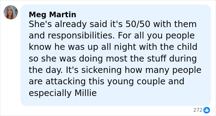 Comment from Meg Martin defending Millie Bobby Brown and addressing criticisms about Jake Bongiovi's role in parenting duties. Comment from Meg Martin defending Millie Bobby Brown and addressing criticisms about Jake Bongiovi's role in parenting duties.
