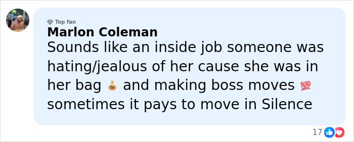 Comment by Marlon Coleman expressing suspicion of an inside job in singer Delarosa’s LA assassination case. Comment by Marlon Coleman expressing suspicion of an inside job in singer Delarosa’s LA assassination case.
