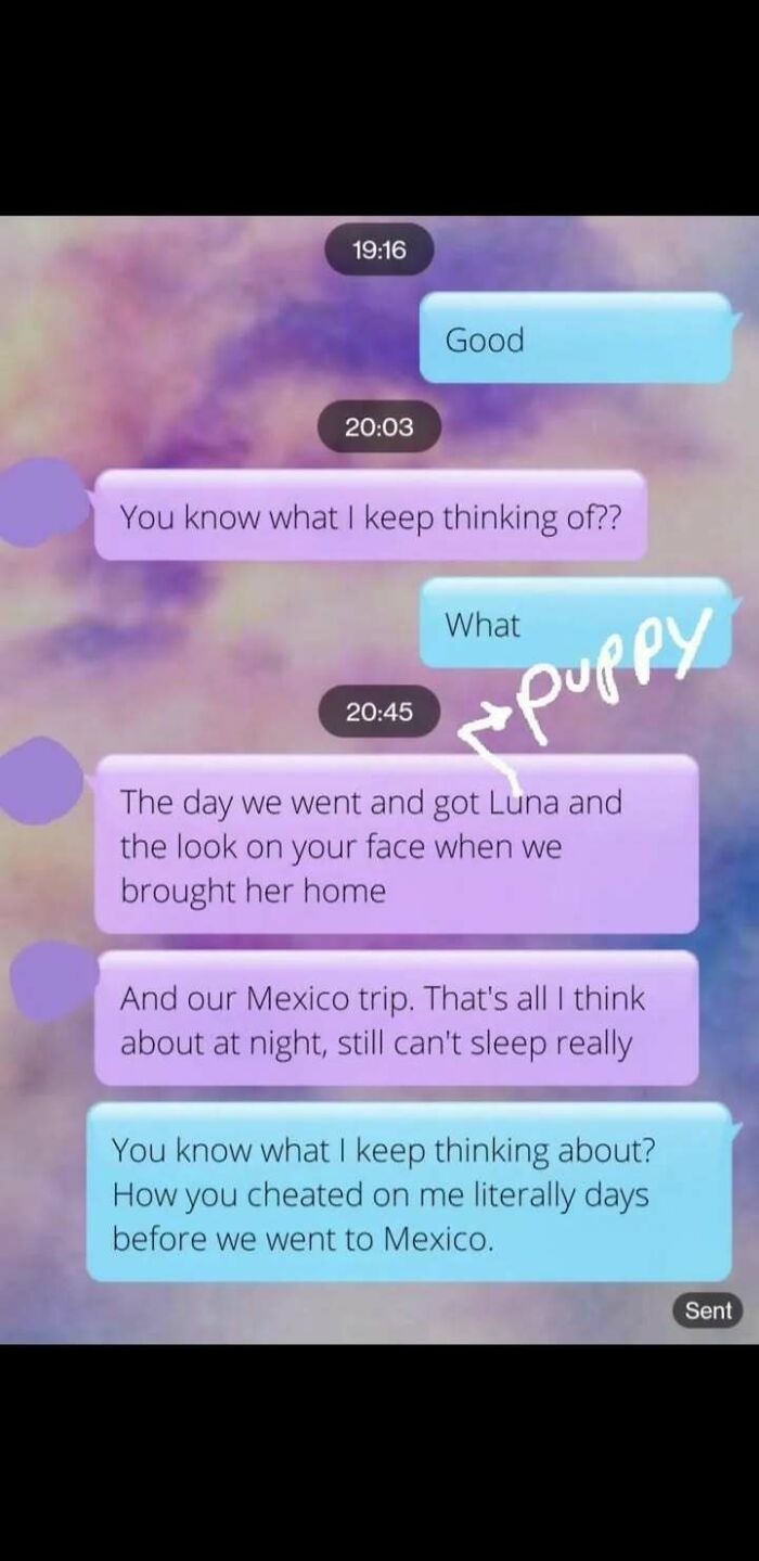 Text message conversation showing messy relationship issues with people turning to the internet instead of therapy for support.