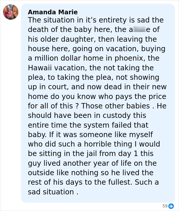 Facebook comment expressing sadness over the dad who fatally left 2YO daughter in car, criticizing the justice system. Facebook comment expressing sadness over the dad who fatally left 2YO daughter in car, criticizing the justice system.