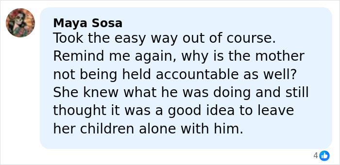 Comment by Maya Sosa questioning accountability in case of dad who fatally left 2YO daughter in car to watch adult videos. Comment by Maya Sosa questioning accountability in case of dad who fatally left 2YO daughter in car to watch adult videos.