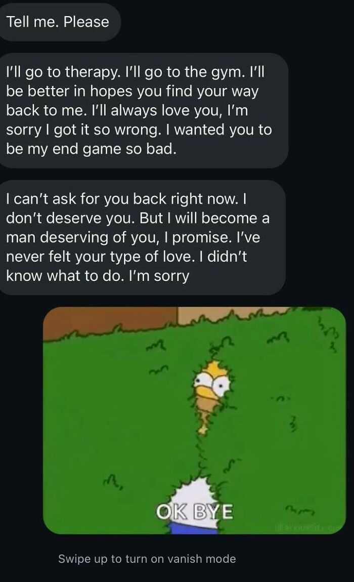 Text messages expressing regret and apologies paired with a cartoon character hiding in bushes, illustrating messy times online.