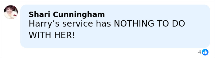 Comment by Shari Cunningham criticizing Meghan Markle's Veterans Day post regarding Prince Harry's service.