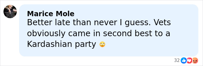 Comment criticizing Meghan Markle's Veterans Day post, saying vets obviously came in second to a Kardashian party.