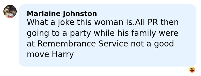 Comment criticizing Meghan Markle&rsquo;s Veterans Day post, mentioning Prince Harry and remembrance service controversy.