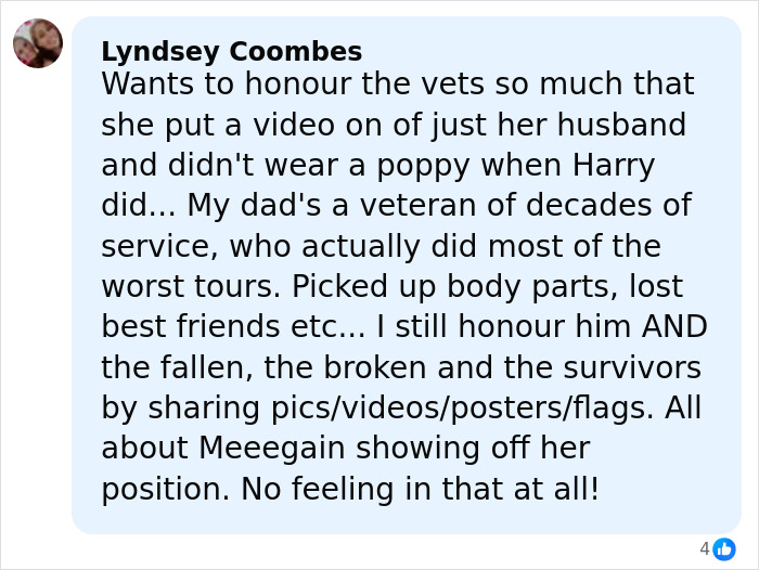 Alt text: Social media comment criticizing Meghan Markle for Veterans Day post, sparking debate over honoring veterans.