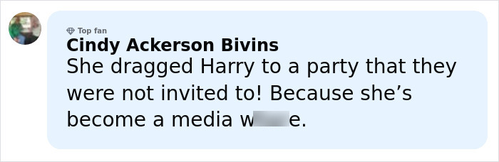 Comment by Cindy Ackerson Bivins criticizing Meghan Markle amid Veterans Day post controversy involving Prince Harry.