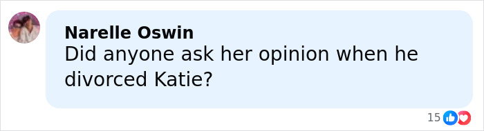 Comment by Narelle Oswin questioning opinion on divorce, highlighting discussion about Tom Cruise and Nicole Kidman's split.