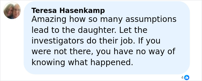 Comment from Teresa Hasenkamp expressing frustration over assumptions about a former news anchor involved in a Halloween incident.