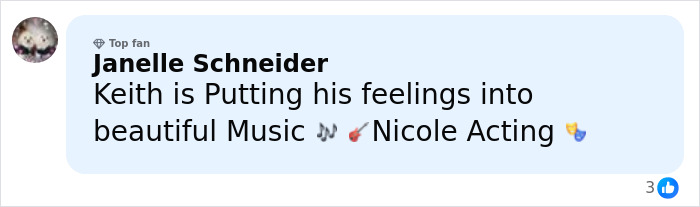Comment on Nicole Kidman's divorce update with criticism, featuring a fan praising Keith's music and Nicole's acting. Comment on Nicole Kidman's divorce update with criticism, featuring a fan praising Keith's music and Nicole's acting.