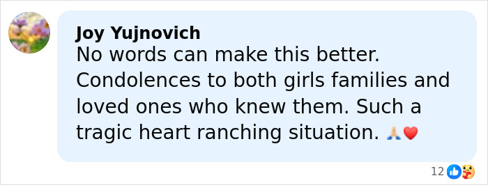 Comment expressing condolences to families after tragic loss of daughters during travel, warning about vacation risks.