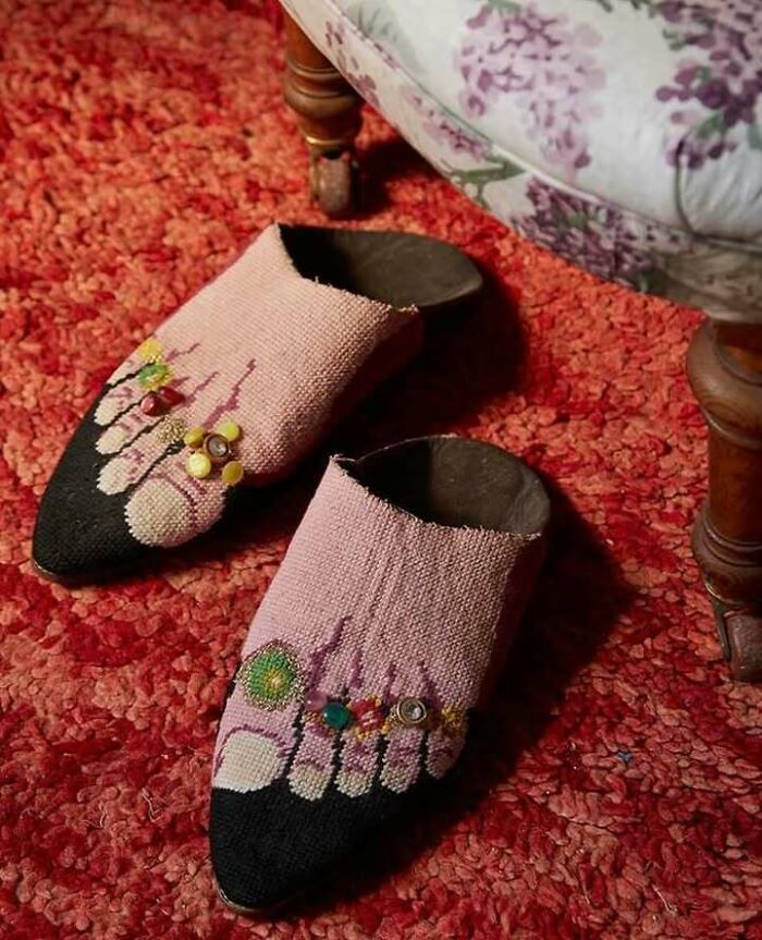 Beaded slippers shaped like feet, an example of very old objects surviving to tell stories about our ancestors.