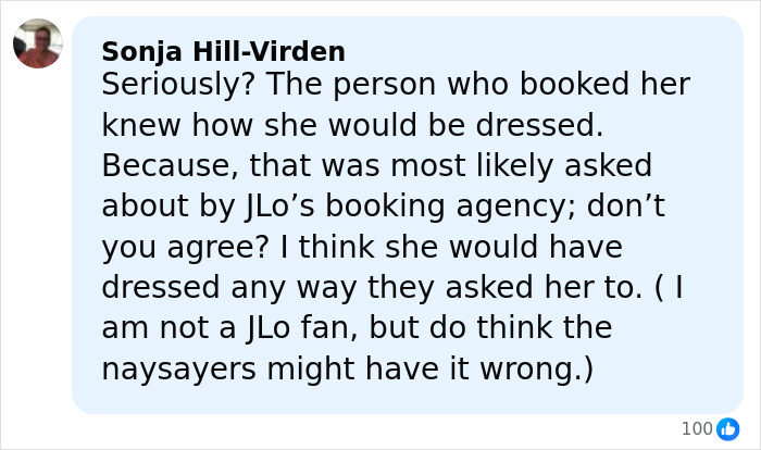 Comment criticising opinions about Jennifer Lopez's risqué performance at billionaire’s wedding, discussing her outfit choice and agency role. Comment criticising opinions about Jennifer Lopez's risqué performance at billionaire’s wedding, discussing her outfit choice and agency role.