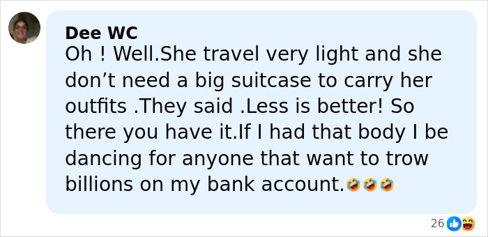 Facebook comment praising Jennifer Lopez's risqué performance at a billionaire's wedding with light travel and dance humor. Facebook comment praising Jennifer Lopez's risqué performance at a billionaire's wedding with light travel and dance humor.