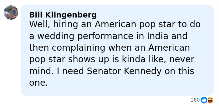 Comment by Bill Klingenberg discussing an American pop star’s controversial wedding performance in India. Comment by Bill Klingenberg discussing an American pop star’s controversial wedding performance in India.
