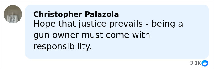 Comment by Christopher Palazola expressing hope for justice and responsibility for gun owners in a social media post.