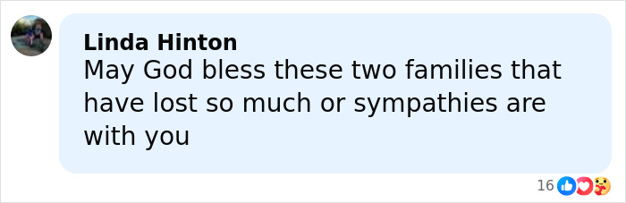 Comment expressing sympathy for families after autopsy reveals chilling truth behind newlywed couple found lifeless in car.