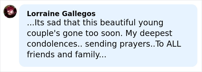 Screenshot of a social media condolence comment mourning the newlywed couple found lifeless in their car.