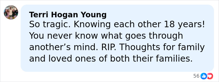 Comment expressing sorrow and condolences after autopsy reveals chilling truth behind newlywed couple found lifeless in car.