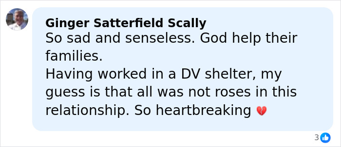 Comment expressing sadness and heartbreak over newlywed couple found lifeless in their car after haunting final post.