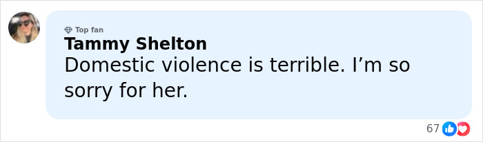 Comment reading domestic violence is terrible and expressing sympathy, posted by top fan Tammy Shelton.
