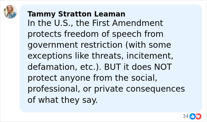 Tammy Stratton Leaman explains U.S. First Amendment limits on speech and social consequences in a text comment bubble.
