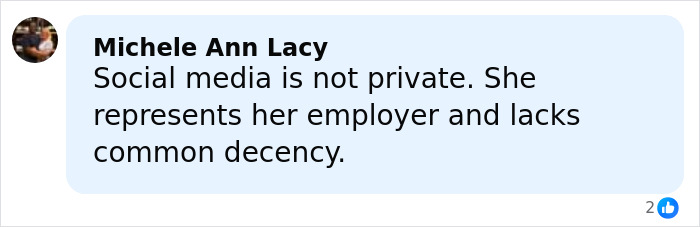 Commenter Michele Ann Lacy on social media discussing privacy and employer representation in a serious online debate.
