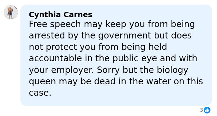 Comment by Cynthia Carnes on social media discussing accountability and a biologist&rsquo;s life after a public controversy.