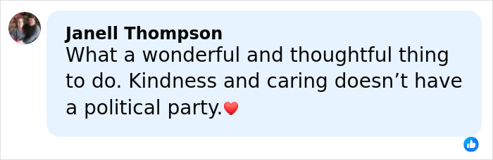 Comment from Janell Thompson praising kindness and caring beyond political party, shown with a heart emoji.