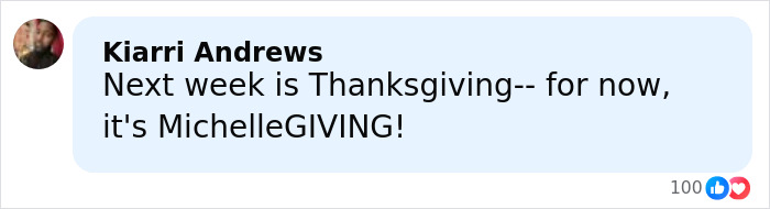 Kiarri Andrews commenting on Michelle Obama's casual look with ultra-long hair, celebrating Thanksgiving with a playful message. Kiarri Andrews commenting on Michelle Obama's casual look with ultra-long hair, celebrating Thanksgiving with a playful message.