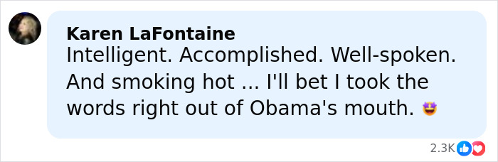 Comment praising Michelle Obama's intelligence and charm, with 2.3K likes and a heart reaction. Comment praising Michelle Obama's intelligence and charm, with 2.3K likes and a heart reaction.
