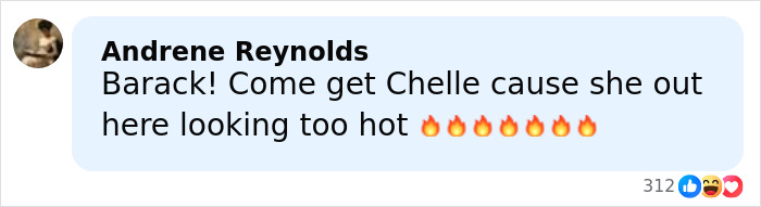 Comment by Andrene Reynolds praising Michelle Obama's casual look with ultra-long hair, describing her as looking very attractive. Comment by Andrene Reynolds praising Michelle Obama's casual look with ultra-long hair, describing her as looking very attractive.