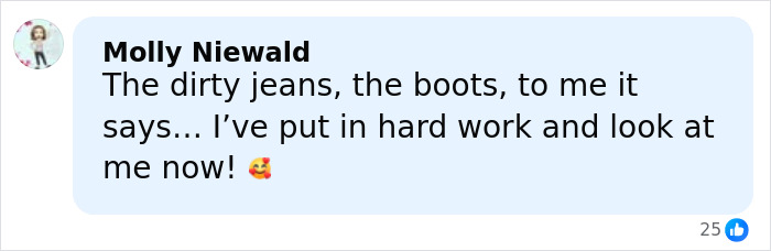 Molly Niewald commenting on dirty jeans and boots, expressing pride in hard work and personal style. Molly Niewald commenting on dirty jeans and boots, expressing pride in hard work and personal style.