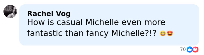 Comment by Rachel Vog praising Michelle Obama’s casual look with ultra-long hair, accompanied by heart and laughing emojis. Comment by Rachel Vog praising Michelle Obama’s casual look with ultra-long hair, accompanied by heart and laughing emojis.