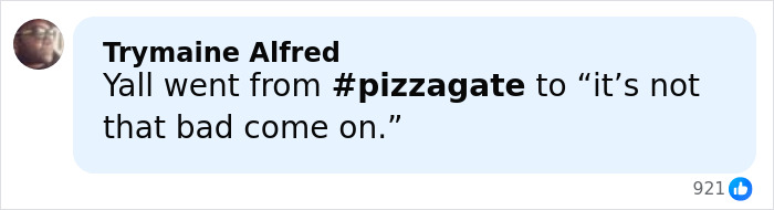 Comment by Trymaine Alfred mentioning pizzagate and changing opinions, related to Melissa Gilbert feels nauseated about age gap.