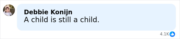 Screenshot of a social media comment reading A child is still a child, reflecting on Melissa Gilbert age gap with on-screen husband.