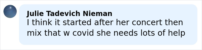 Comment from Julie Tadevich Nieman discussing Ariana Grande's health struggles including COVID during Wicked press tour.