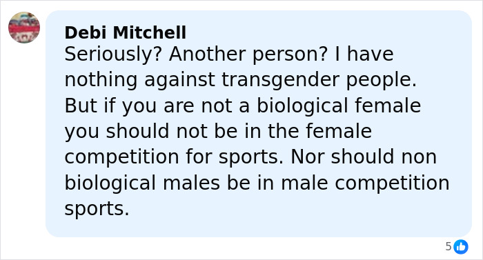 Comment by Debi Mitchell expressing views on transgender participation in female sports competitions. Comment by Debi Mitchell expressing views on transgender participation in female sports competitions.